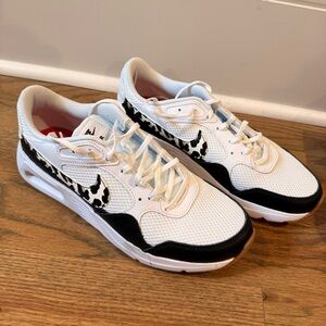 Nike White and Black Sneakers with Leopard Swoosh